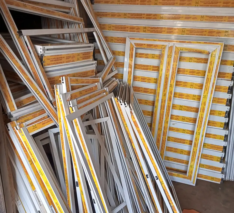 Cut and assembled aluminium frames in the workshop